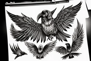 raven with white eyes and open wings tattoo idea