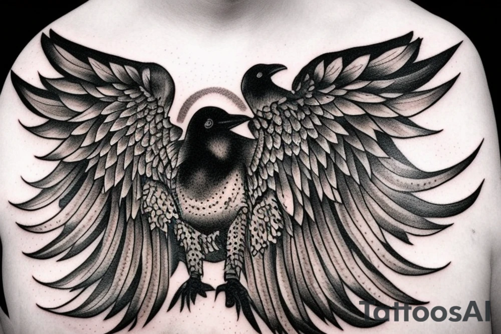 raven with white eyes and open wings tattoo idea
