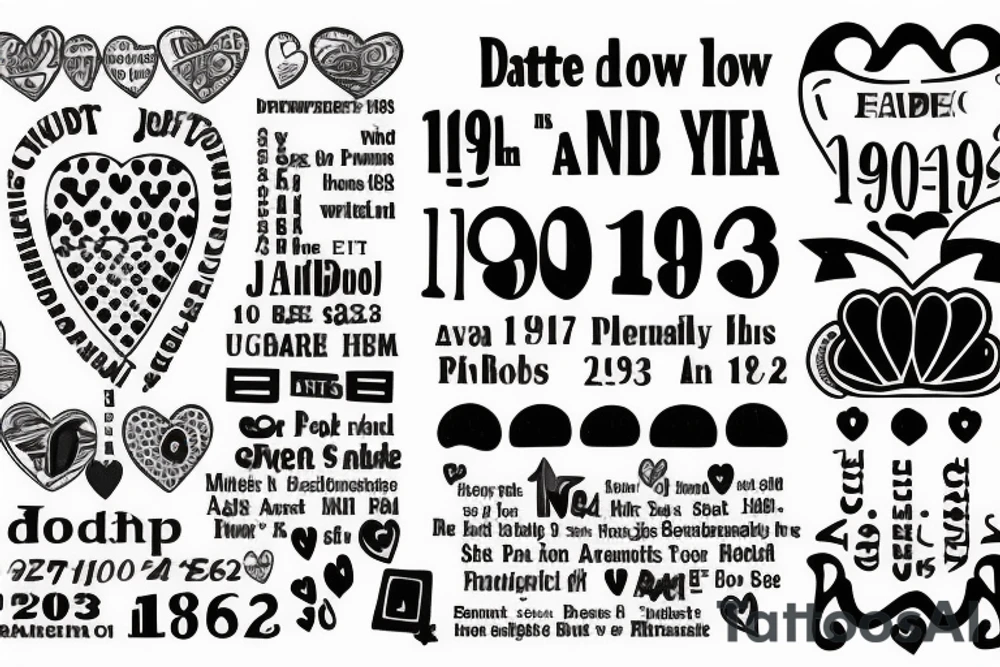1962 and 1973 with a heart in between. Below each date dotted lines to the dates 1992, 1995, 1998, and 2003 tattoo idea