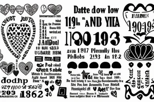 1962 and 1973 with a heart in between. Below each date dotted lines to the dates 1992, 1995, 1998, and 2003 tattoo idea