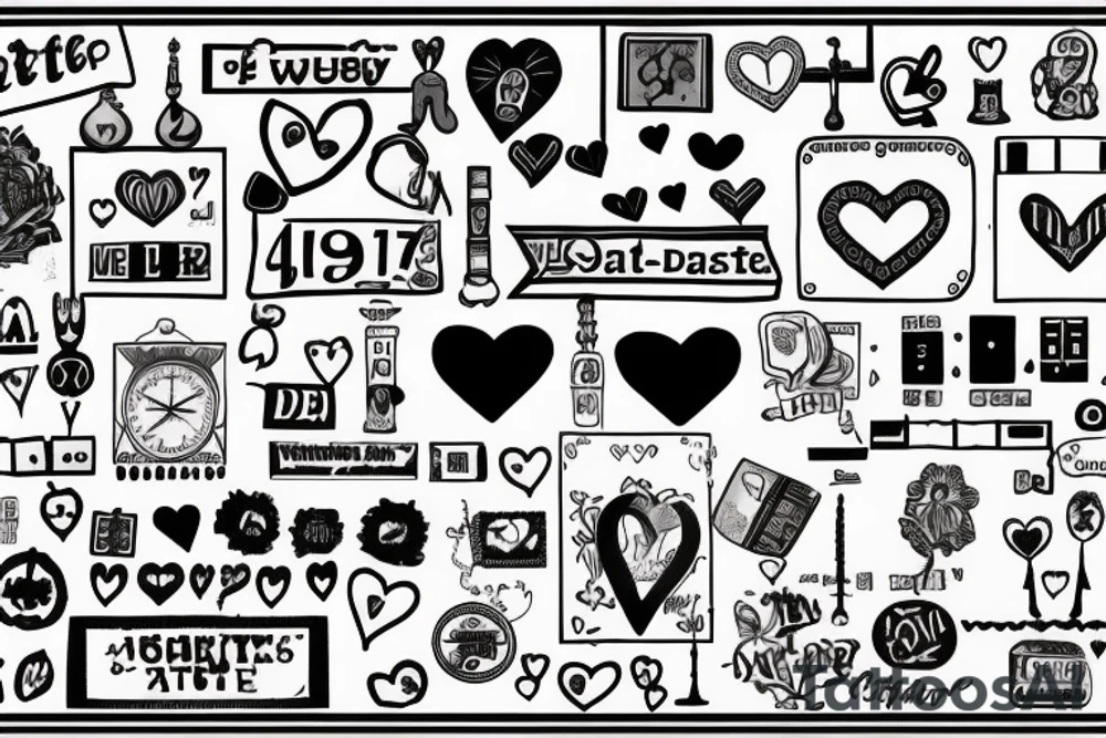 1962 and 1973 with a heart in between. Below each date dotted lines to the dates 1992, 1995, 1998, and 2003 tattoo idea