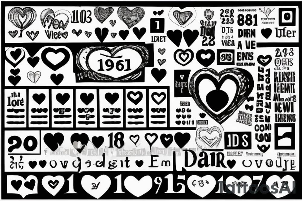 1962 and 1973 with a heart in between. Below each date dotted lines to the dates 1992, 1995, 1998, and 2003 tattoo idea