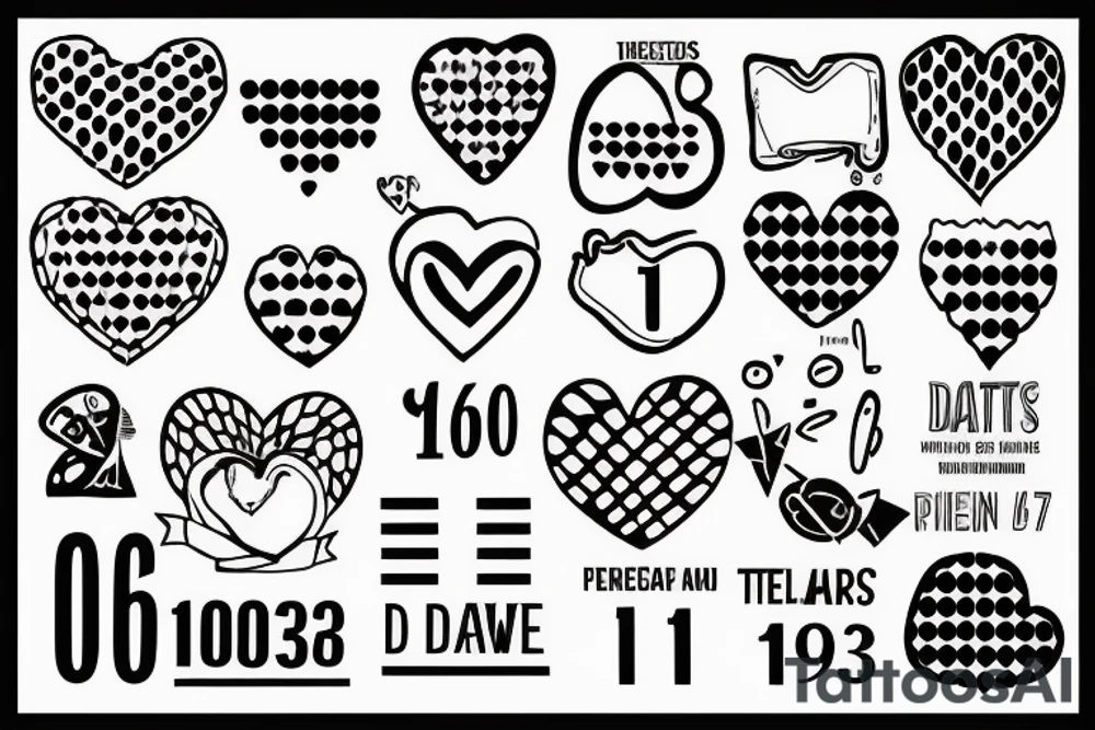 1962 and 1973 with a heart in between. Below each date dotted lines to the dates 1992, 1995, 1998, and 2003 tattoo idea
