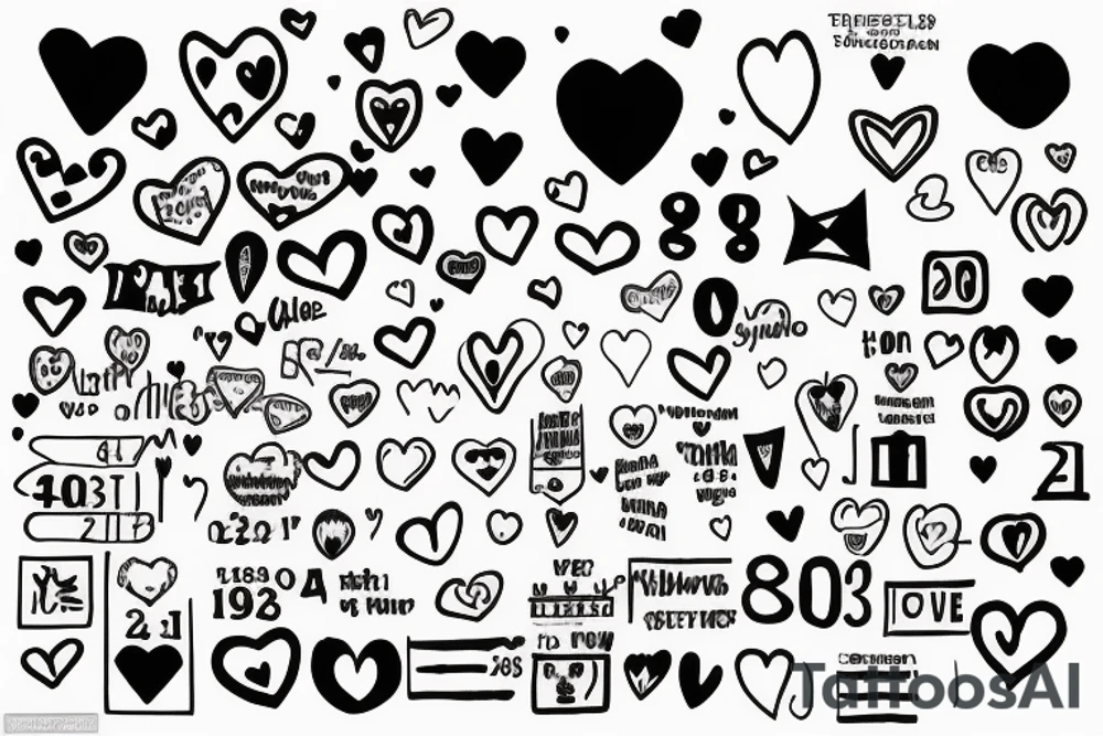 1962 and 1973 with a heart in between. Below each date dotted lines to the dates 1992, 1995, 1998, and 2003 tattoo idea