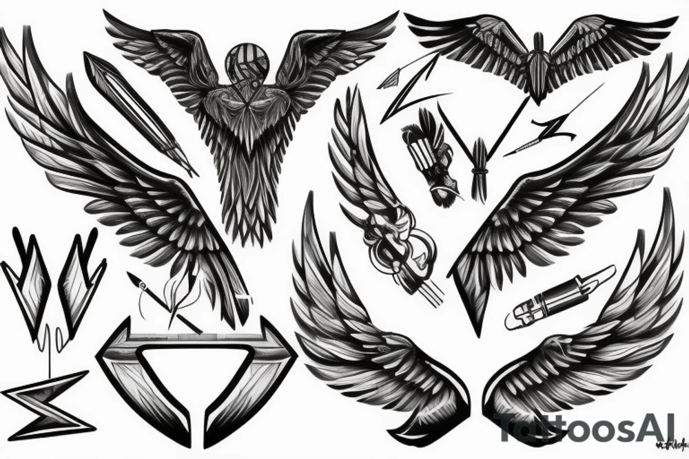 2 asymmetrical wings, arrow, heartbeat tattoo idea