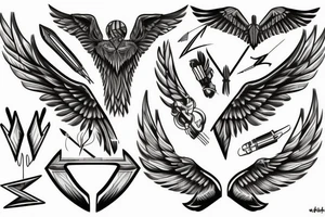 2 asymmetrical wings, arrow, heartbeat tattoo idea