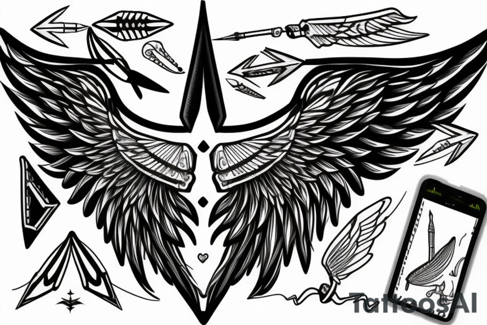 2 asymmetrical wings, arrow, heartbeat tattoo idea