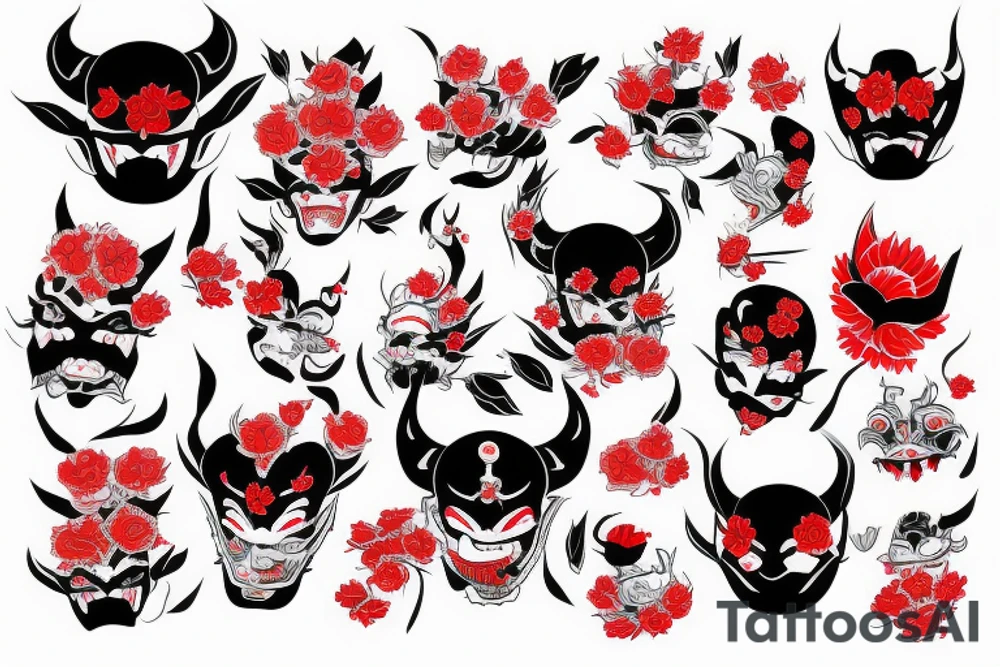 Japanese-style hannya mask with flowers black and red tattoo idea