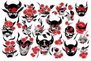 Japanese-style hannya mask with flowers black and red tattoo idea
