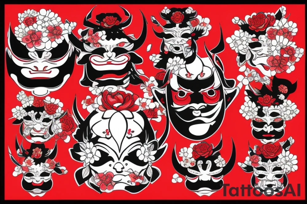 Japanese-style hannya mask with flowers black and red tattoo idea