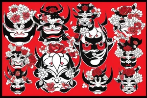Japanese-style hannya mask with flowers black and red tattoo idea