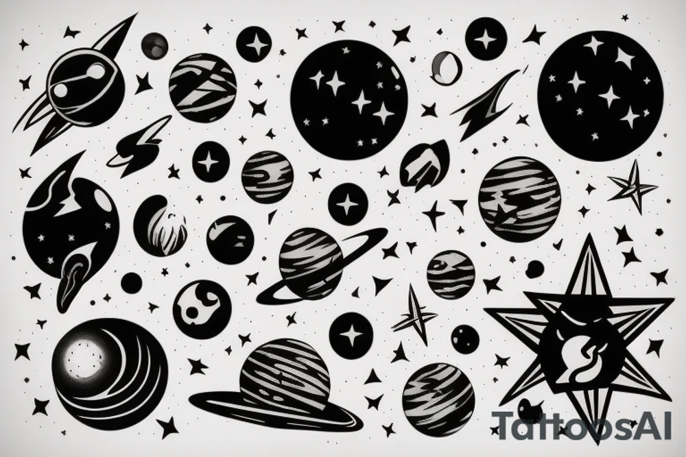 planets, stars, black hole and rocket tattoo idea