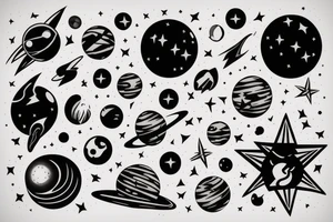 planets, stars, black hole and rocket tattoo idea