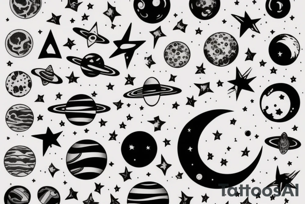 planets, stars, black hole and rocket tattoo idea