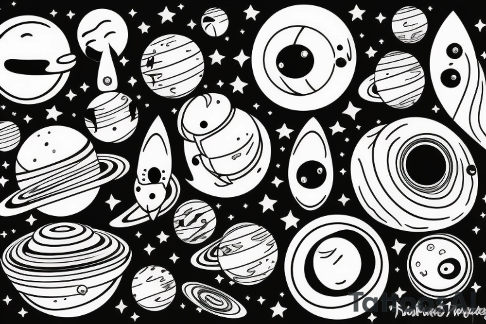 planets, stars, black hole and rocket tattoo idea