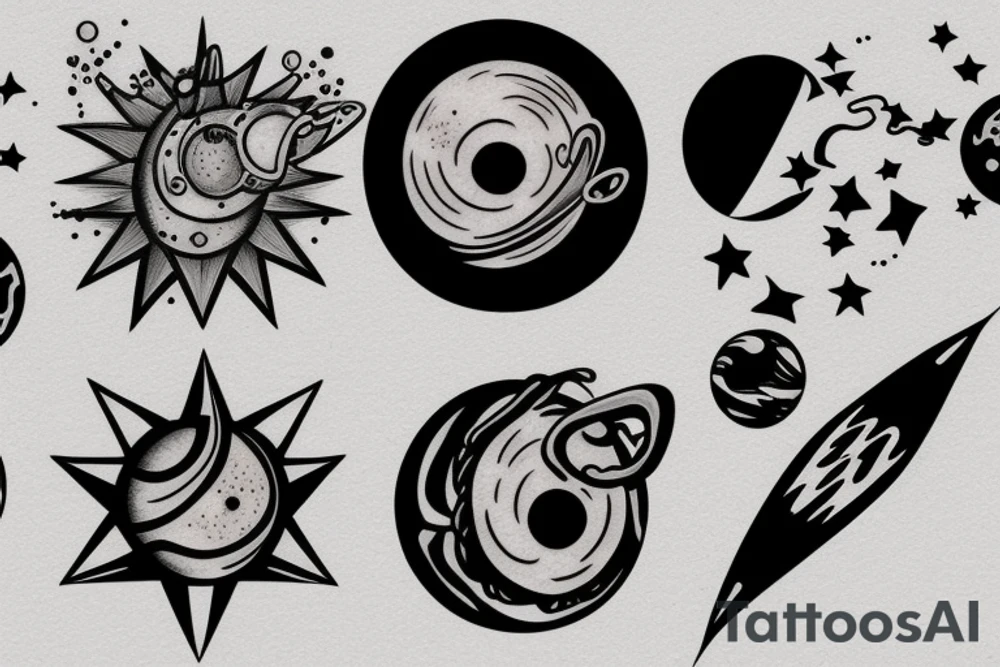 planets, stars, black hole and rocket tattoo idea
