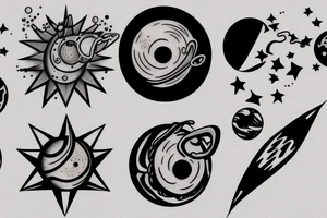 planets, stars, black hole and rocket tattoo idea