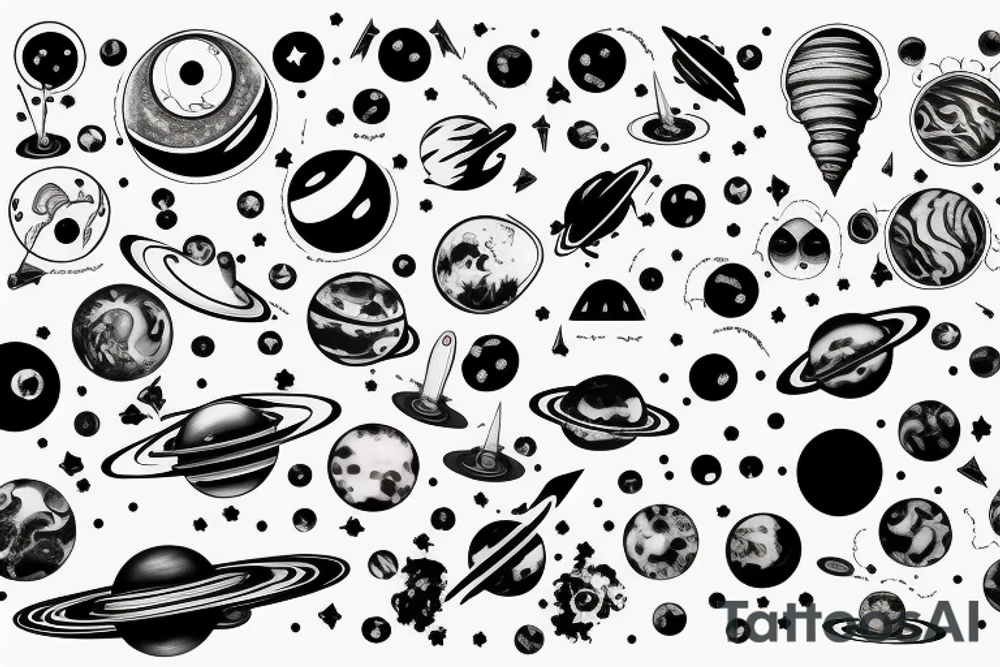 planets, stars, black hole and rocket tattoo idea