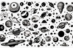 planets, stars, black hole and rocket tattoo idea