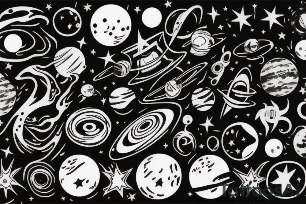 planets, stars, black hole and rocket tattoo idea