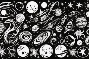 planets, stars, black hole and rocket tattoo idea