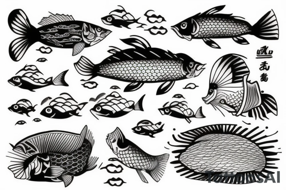Lake and fish and boat tattoo idea