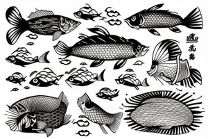 Lake and fish and boat tattoo idea