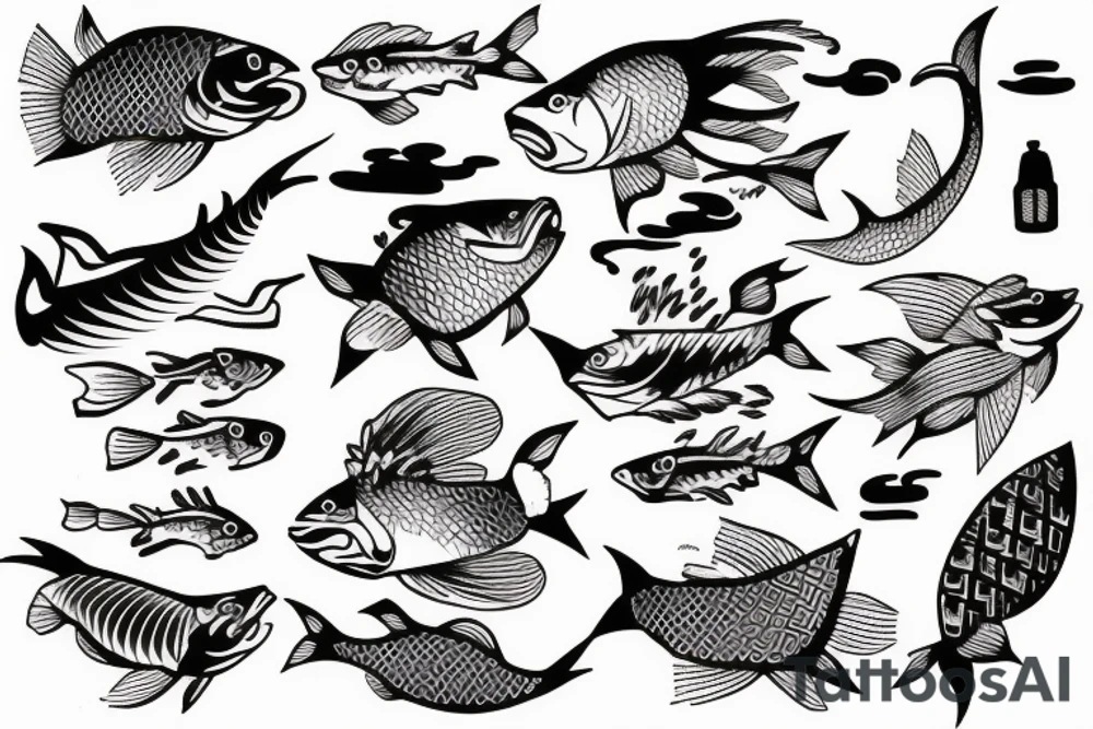 Lake and fish and boat tattoo idea