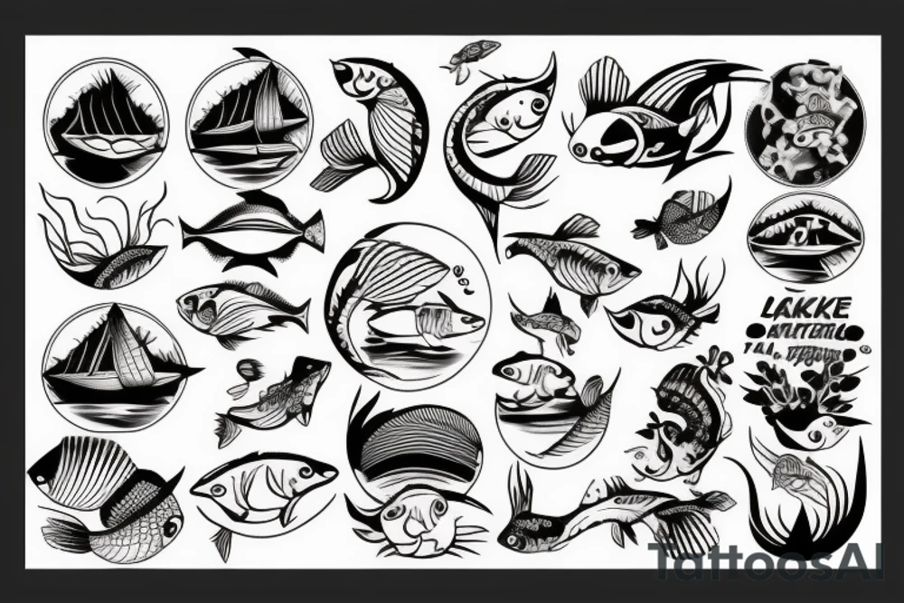Lake and fish and boat tattoo idea