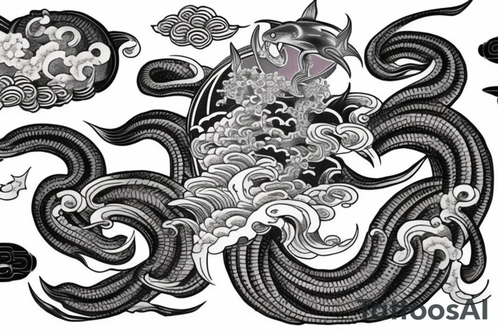 Right arm 3/4 sleeve. Japanese style with waves down towards the bottom with a hammerhead shark with a pagoda with raijin tattoo idea