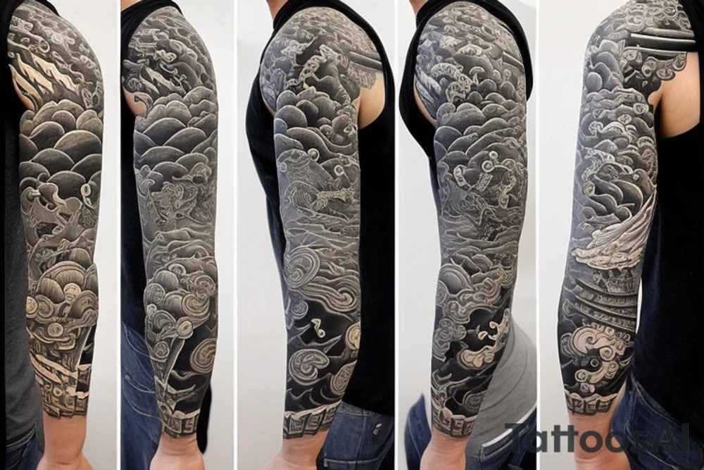 Right arm 3/4 sleeve. Japanese style with waves down towards the bottom with a hammerhead shark with a pagoda with raijin tattoo idea