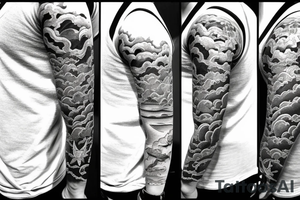 Right arm 3/4 sleeve. Japanese style with waves down towards the bottom with a hammerhead shark with a pagoda and Japanese clouds at the top tattoo idea