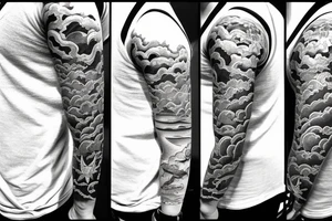 Right arm 3/4 sleeve. Japanese style with waves down towards the bottom with a hammerhead shark with a pagoda and Japanese clouds at the top tattoo idea