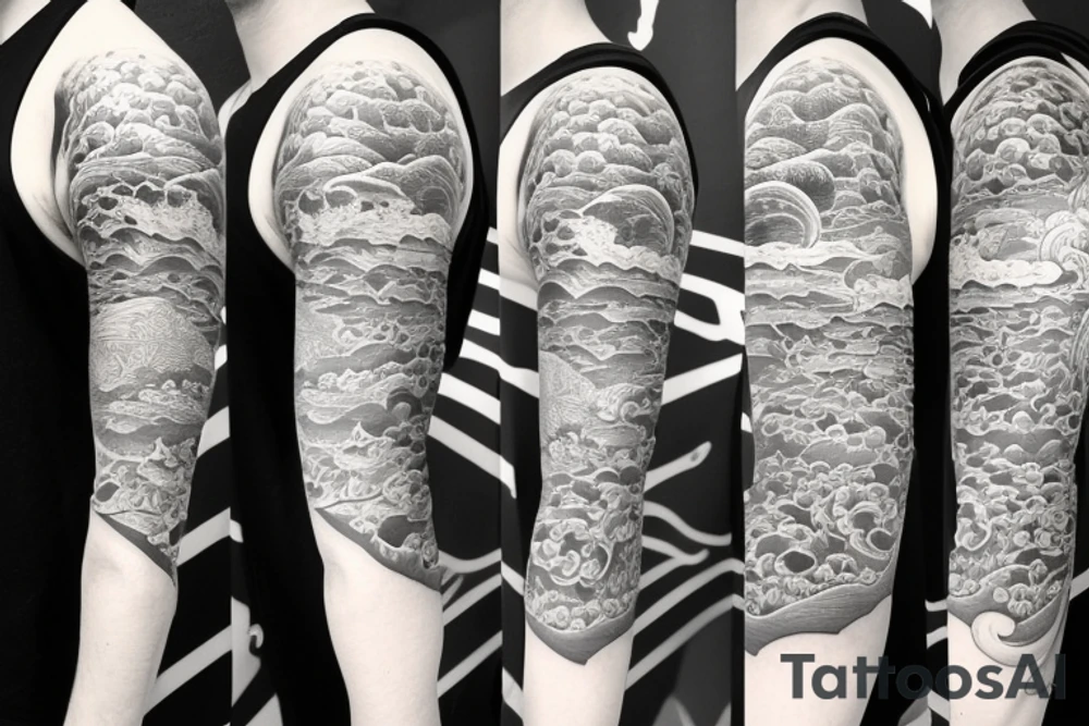 Right arm 3/4 sleeve. Japanese style with waves down towards the bottom with a hammerhead shark with a pagoda and Japanese clouds at the top tattoo idea