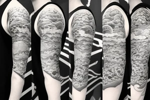 Right arm 3/4 sleeve. Japanese style with waves down towards the bottom with a hammerhead shark with a pagoda and Japanese clouds at the top tattoo idea