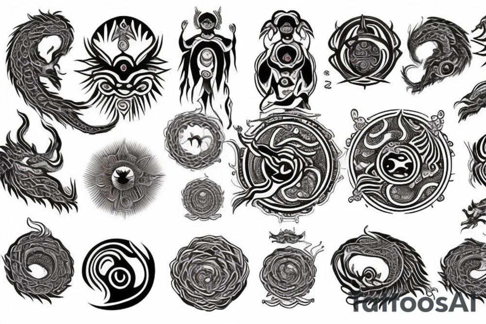 cosmic, yin yang, dragons, celestial, unalome, buddhist tattoo idea
