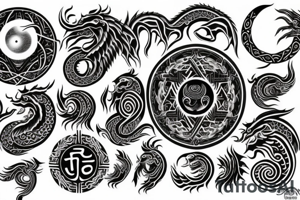 cosmic, yin yang, dragons, celestial, unalome, buddhist tattoo idea