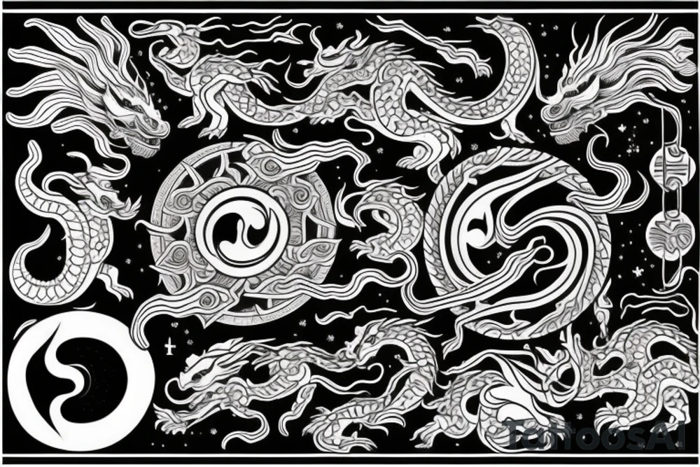 cosmic, yin yang, dragons, celestial, unalome, buddhist tattoo idea