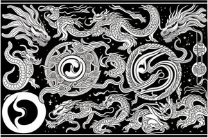 cosmic, yin yang, dragons, celestial, unalome, buddhist tattoo idea