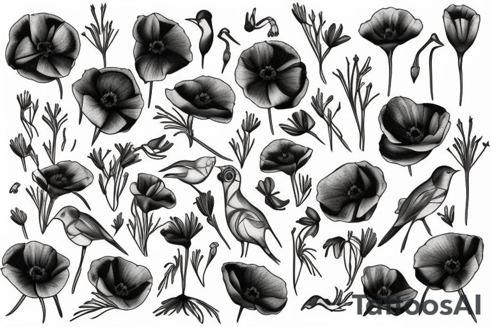 California poppy with Skane bird tattoo idea