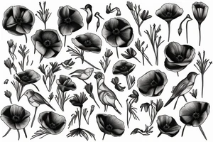 California poppy with Skane bird tattoo idea