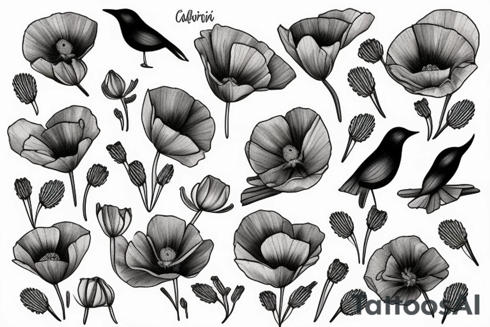California poppy with swedish bird tattoo idea