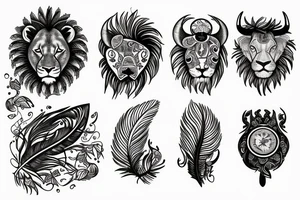 Lion, feather. Compass, and moo tattoo idea