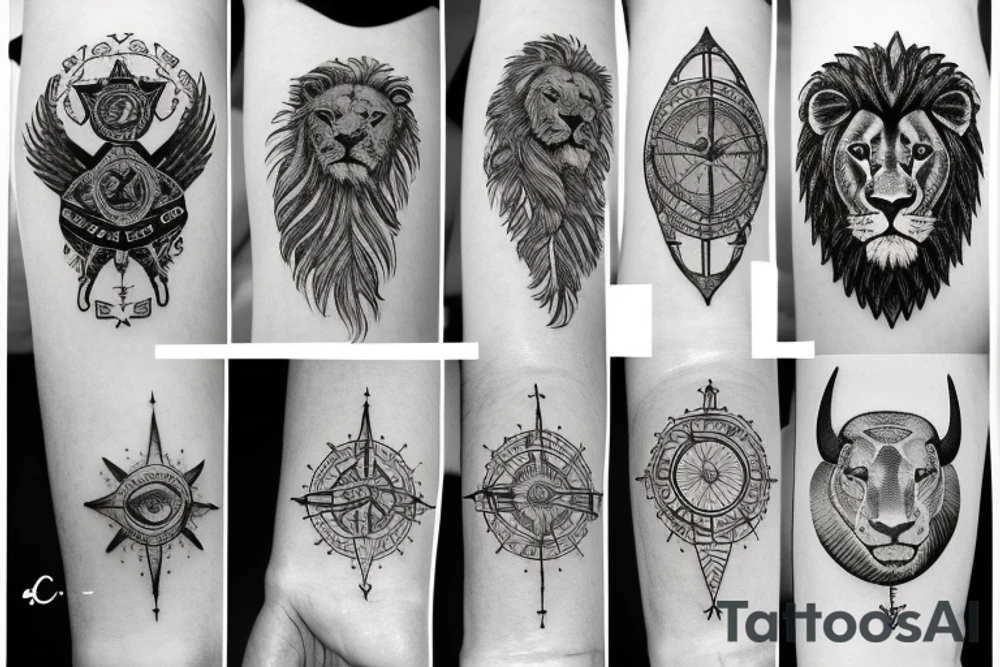 Lion, feather. Compass, and moo tattoo idea