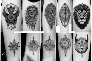 Lion, feather. Compass, and moo tattoo idea