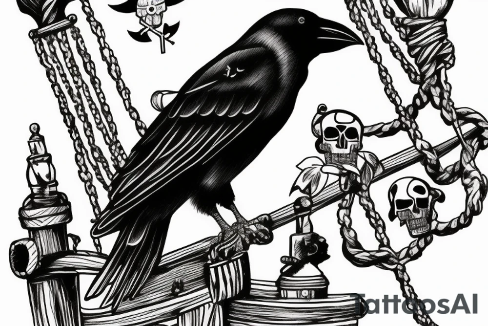 A crow sitting on the mast of a pirate ship in the ocean tattoo idea