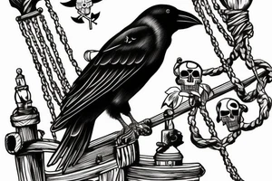 A crow sitting on the mast of a pirate ship in the ocean tattoo idea
