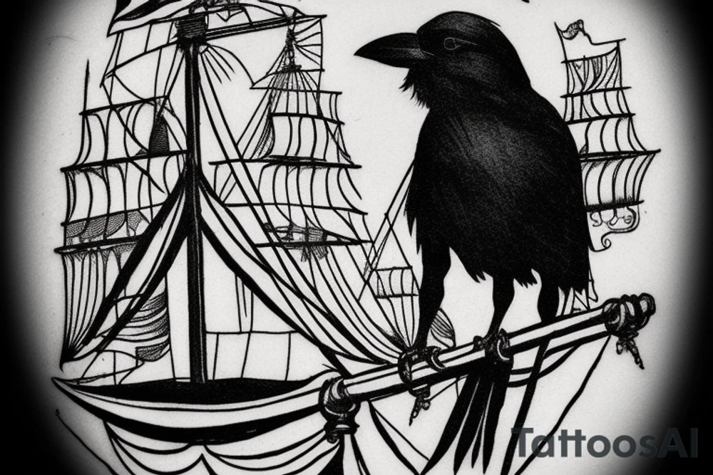 A crow sitting on the mast of a pirate ship in the ocean tattoo idea
