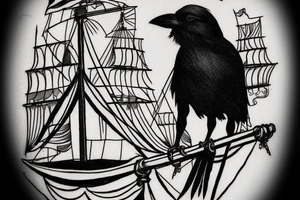 A crow sitting on the mast of a pirate ship in the ocean tattoo idea