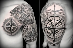 Compass, crow, pirate ship in the ocean tattoo idea